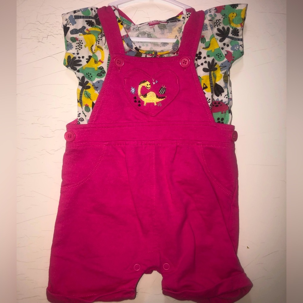 Two piece pink over-all w/ a lose dinosaur shirt to go under it !!